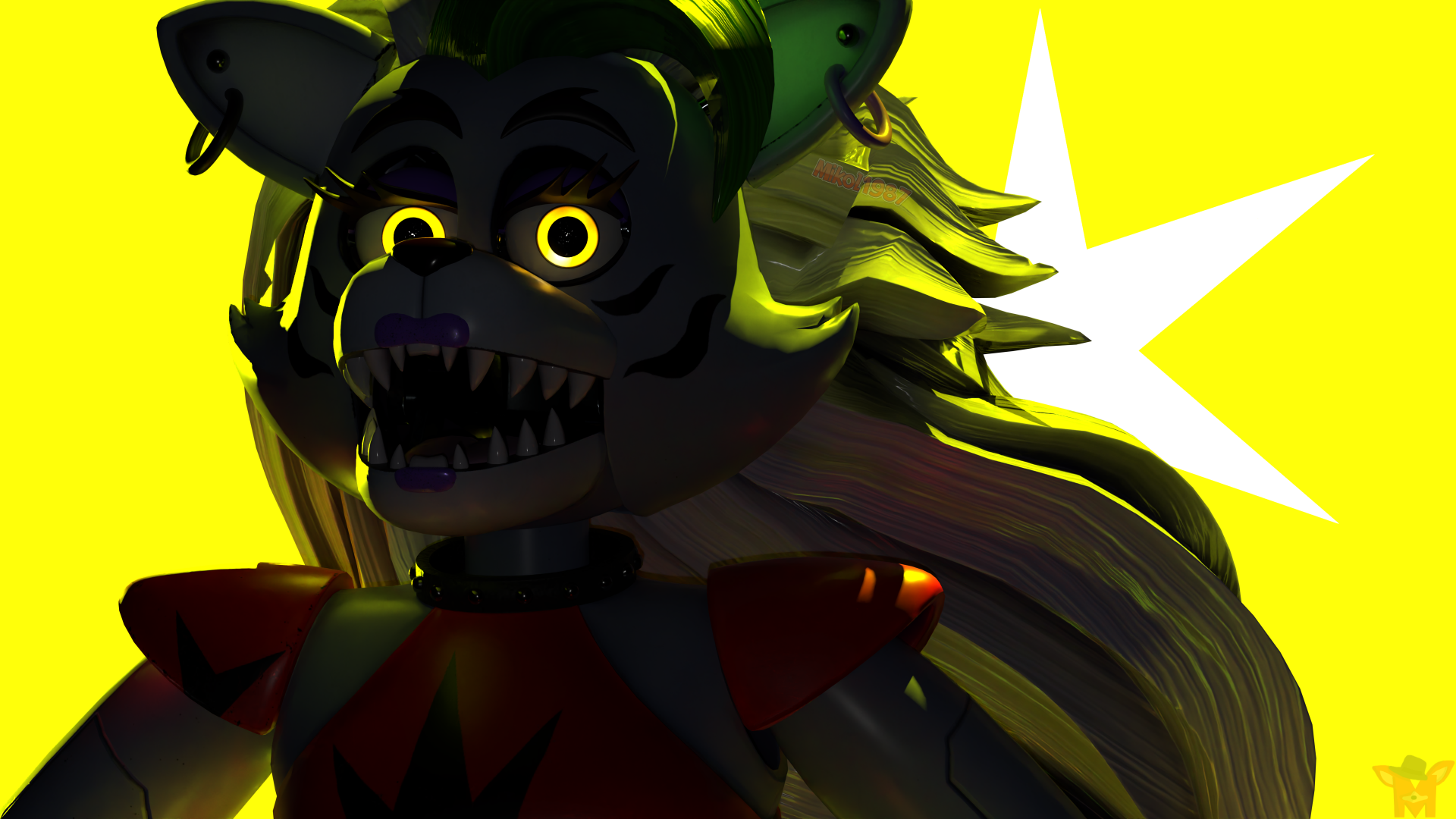 A glowing animatronic character from Five Nights at Freddy's: Sister Location against a vivid yellow background with a white star, designed as a 4K Ultra HD PC wallpaper.