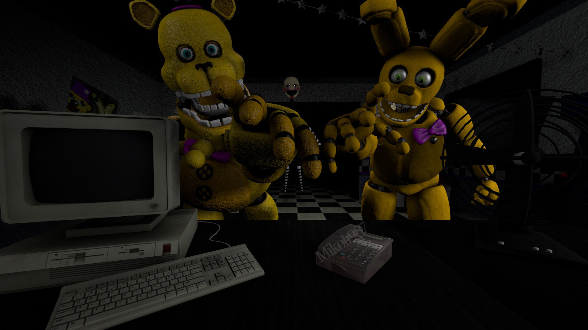 HD PC desktop wallpaper featuring animatronic characters from Five Nights At Freddy's 2 in a dark, eerie office setting.