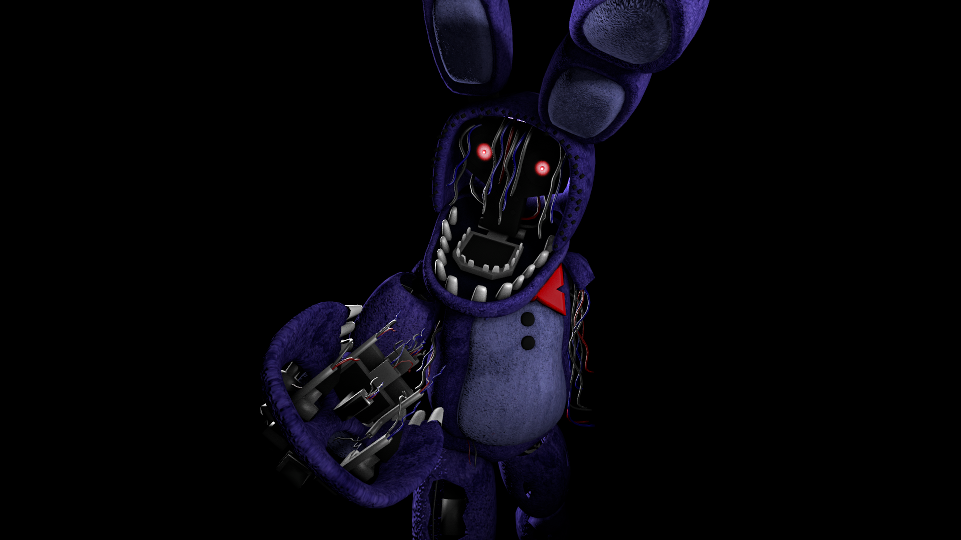 HD PC desktop wallpaper: torn purple animatronic from Five Nights At Freddy's 2 (Five Nights at Freddy's), red glowing eyes and a shattered jaw reaching out.