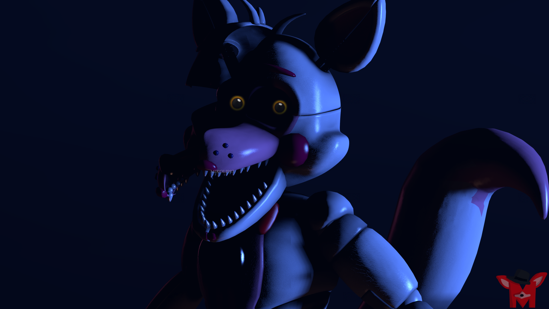 4K Ultra HD PC desktop wallpaper of a dark, menacing Sister Location animatronic from Five Nights at Freddy's, glowing yellow eyes and sharp teeth emerging from shadow.