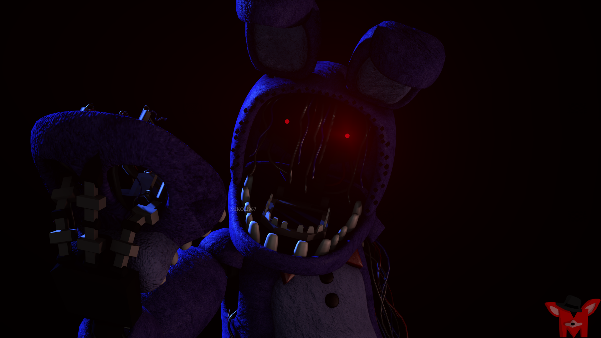 Dark, eerie Five Nights at Freddy's 2 animatronic with glowing red eyes set against a black background, rendered in 4K Ultra HD for a PC desktop wallpaper.
