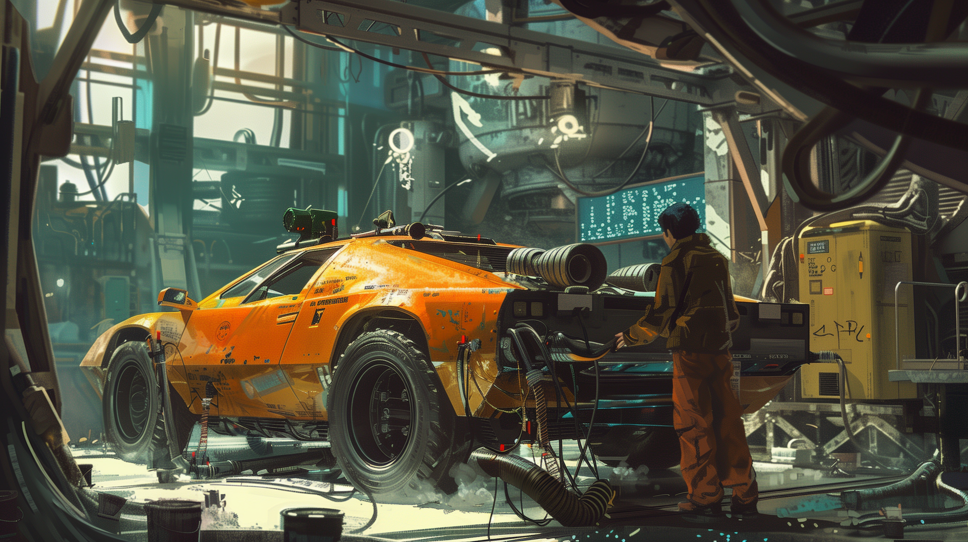 HD wallpaper of a futuristic orange car being repaired in a sci-fi themed garage with complex machinery and a person wearing a jumpsuit working on the vehicle.