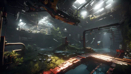 4K Ultra HD PC desktop wallpaper featuring a dark, industrial interior with mechanical arms, pipes, and scattered greenery, tagged SOMA.