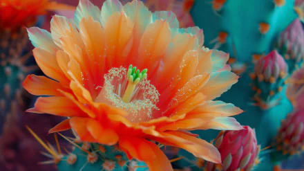 Bright orange cactus flower blooming on a prickly pear cactus, HD wallpaper background.
