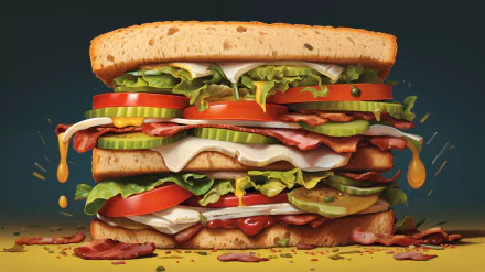 HD desktop wallpaper featuring a detailed image of a loaded panini with layers of vegetables, meats, and sauce on a vibrant background.