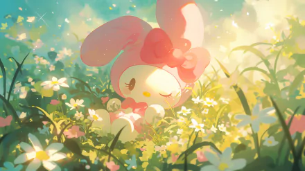 My Melody from Onegai My Melody relaxes in a vibrant field filled with flowers, surrounded by soft light, creating a charming HD desktop wallpaper and background.