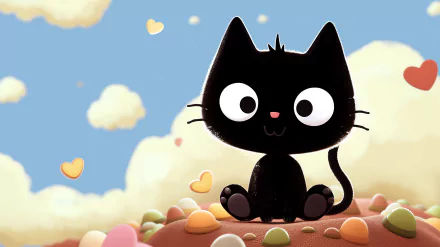 HD desktop wallpaper featuring Chococat, the adorable black cat character from Sanrio, surrounded by colorful candies and heart-shaped clouds.