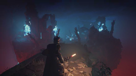 HD desktop wallpaper featuring a mystical scene from the video game Enshrouded with a character holding a torch in a dark, eerie landscape.
