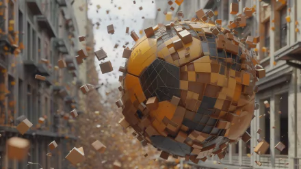 HD wallpaper of a 3D soccer ball with exploding fragments on a city street background.