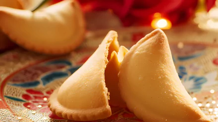 HD desktop wallpaper featuring a close-up of a cracked fortune cookie on a decorative table, illuminated by soft, ambient lighting.
