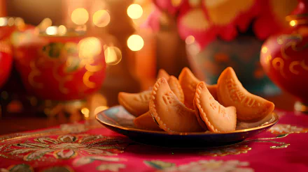 Festive HD desktop wallpaper featuring fortune cookies on a decorative table with warm, glowing lights in the background, creating a cozy and celebratory atmosphere.