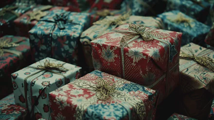 HD wallpaper of an assortment of wrapped Christmas presents, creating a festive background.