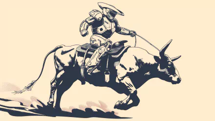 A striking HD wallpaper featuring Master Chief in a rodeo setting, expertly riding a bull, blending sci-fi and Western themes in a dynamic illustration.