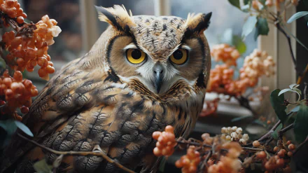 HD Wallpaper of a Great Horned Owl with Yellow Eyes among Berries - Perfect Desktop Background