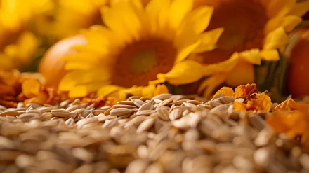 Macro shot of sunflower seeds scattered in front of vibrant sunflowers. This still life composition creates an inviting HD desktop wallpaper and background.