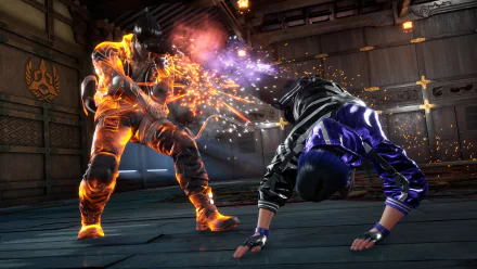 HD desktop wallpaper featuring a dynamic fight scene from Tekken 8 video game with the character Reina displaying her signature move.