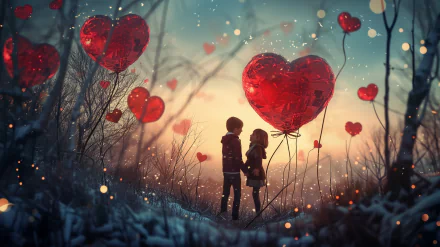 Valentine's Day HD wallpaper featuring a silhouette of a couple surrounded by heart-shaped balloons in a whimsical twilight setting.