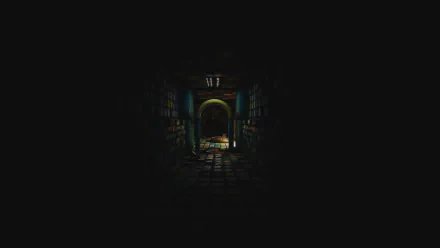 A dark, atmospheric corridor from the game Poppy Playtime, featuring dim lighting and an archway, designed as a striking HD desktop wallpaper and background.