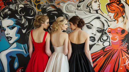 Three bridesmaids in elegant dresses—red, white, and black—stand together, showcasing their styles against a vibrant, artistic mural. A stunning HD desktop wallpaper.