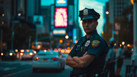 A police officer standing confidently in the city during twilight, serving as a HD desktop wallpaper.