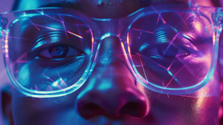 Close-up HD wallpaper of a woman with preppy glasses highlighted by neon lights, creating a vibrant desktop background.