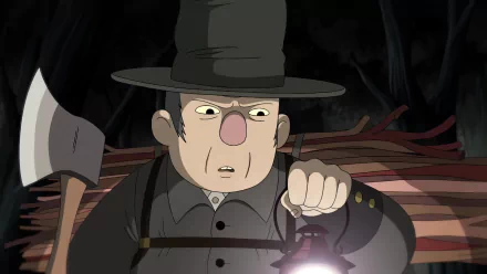 HD wallpaper featuring character from the TV show Over the Garden Wall holding a lantern in a forest setting.