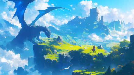 HD anime fantasy landscape wallpaper featuring a majestic dragon overlooking a sunlit kingdom with a castle on a hill.