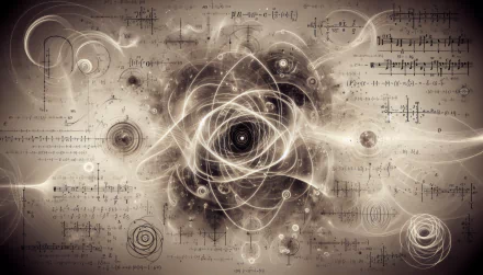 HD desktop wallpaper featuring abstract physics concepts with swirling particles and mathematical formulas.