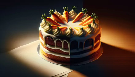 A beautifully decorated carrot cake, topped with cream and miniature carrots, illuminated dramatically, serves as an enticing high-definition desktop wallpaper.