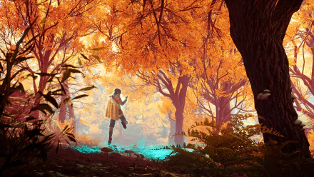 HD desktop wallpaper featuring a vibrant autumn forest scene from Banishers: Ghosts of New Eden video game, with a mystical figure illuminated by a glowing light.