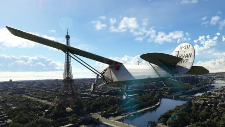 HD wallpaper of a vintage airplane flying over Paris in Microsoft Flight Simulator, featuring iconic Eiffel Tower.