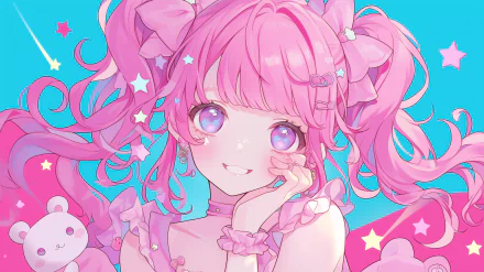 Cute anime girl with pink hair in HD desktop wallpaper with sparkling stars and soft blue background.