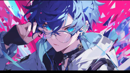 Cool anime boy with blue hair and glasses HD desktop wallpaper.