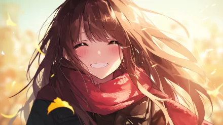 Smiling anime girl with flowing hair and red scarf, HD desktop wallpaper and background with a warm, sunny ambiance.