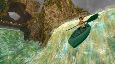 A vibrant HD wallpaper featuring Lara Croft kayaking down a waterfall, set in the stunning landscapes of Tomb Raider I-III Remastered.