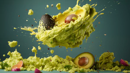 A vibrant HD wallpaper featuring a splash of guacamole with avocados surrounded by colorful ingredients, creating a dynamic and appetizing food scene.