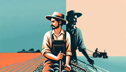 HD desktop wallpaper featuring an illustrated scene with two farmers standing in a field, one holding a shovel, with a tractor in the background, showcasing agricultural work in a stylized design.
