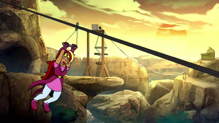 Animated character from Arzette: The Jewel of Faramore video game sliding down a zip line in a desert canyon setting, HD wallpaper.