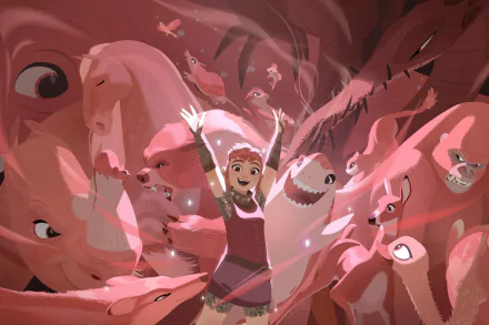 Nimona movie HD desktop wallpaper featuring animated character surrounded by whimsical creatures.