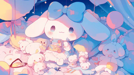 HD wallpaper of Cinnamoroll with a whimsical anime style, featuring the adorable Sanrio character surrounded by fluffy friends under a starry sky.