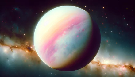 HD desktop wallpaper featuring a vibrant depiction of an exoplanet with colorful clouds and a starry nebula background.