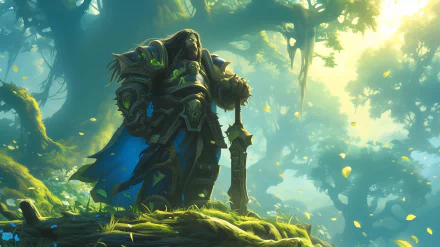 HD wallpaper of a World of Warcraft warrior in a mystical forest setting for desktop background