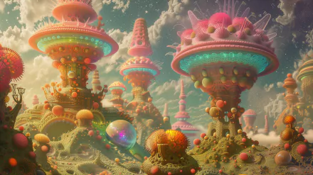 Psychedelic HD desktop wallpaper featuring a trippy, colorful landscape with surreal mushroom-like structures under a dreamy sky.