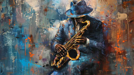 HD wallpaper of an artistic depiction of a blues musician playing a saxophone with a colorful abstract background.