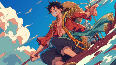HD anime wallpaper featuring Monkey D. Luffy from One Piece with a vibrant blue sky background.