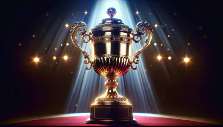 HD wallpaper of a shining trophy on a stage with spotlight beams symbolizing success.