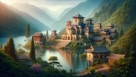 HD wallpaper of a serene palace landscape with mountains and lake for desktop background.