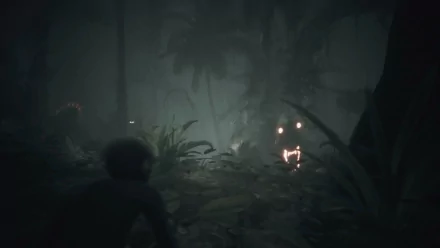 HD desktop wallpaper from Ancestors: The Humankind Odyssey video game depicting a prehistoric environment shrouded in mist with a primate character exploring the dense jungle foliage.