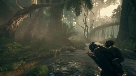 HD wallpaper of Ancestors: The Humankind Odyssey video game featuring two hominids in a lush forest environment, reflecting the immersive prehistoric world of the game.