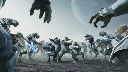 HD wallpaper from the TV show Halo featuring armed characters in combat on an alien landscape with spaceships overhead.